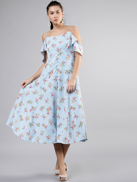 Women Blue Floral Print Fit and Flare Dress