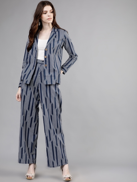 Vishudh Women Navy Blue & Off-White Printed Coat with Palazzos