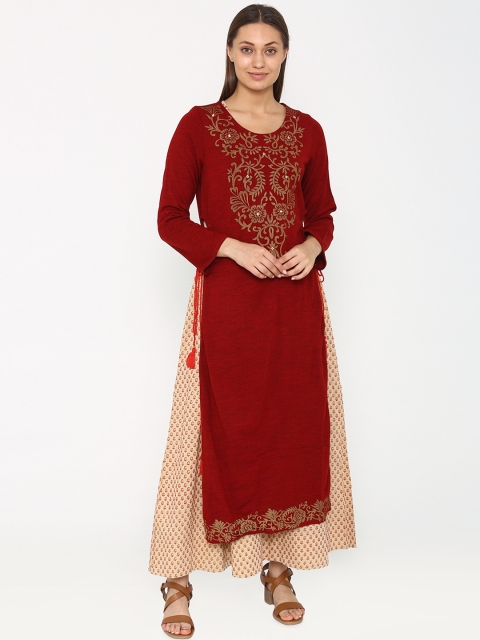 

Laabha Women Maroon & Beige Embroidered A-Line Woollen Kurta
