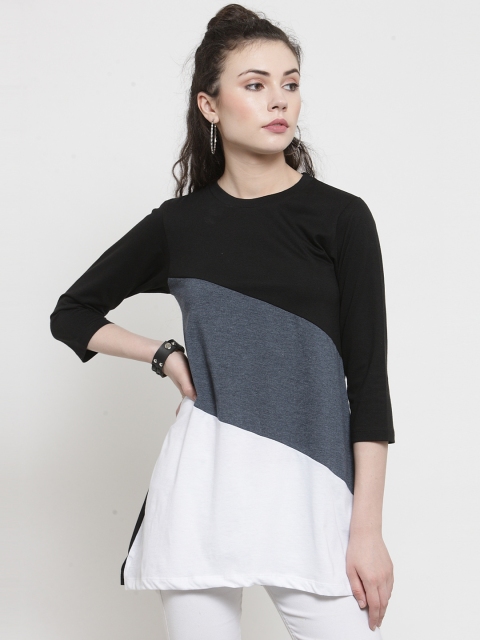 

Kalt Women White & Blue Colourblocked Round Neck Longline T-shirt