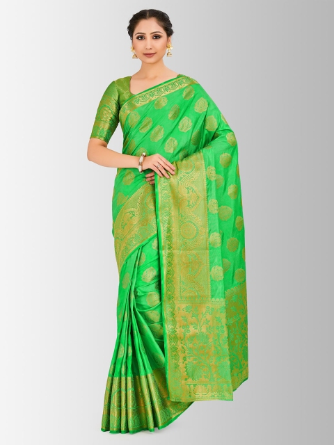 

MIMOSA Green & Gold-Toned Art Silk Printed Kanjeevaram Saree