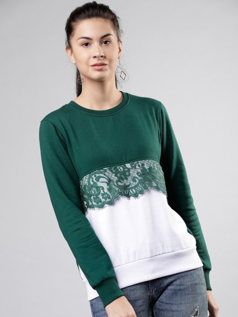 

Tokyo Talkies Women Green & White Colourblocked Sweatshirt