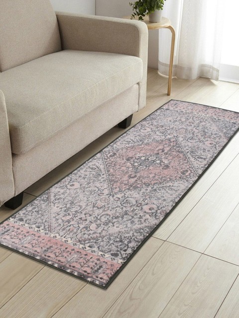 

RUGSMITH Grey & Pink Patterned Anti-Skid Rectangle Floor Runner