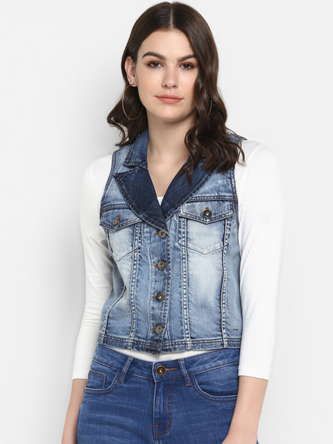 

FOSH Women Blue Solid Denim Jacket