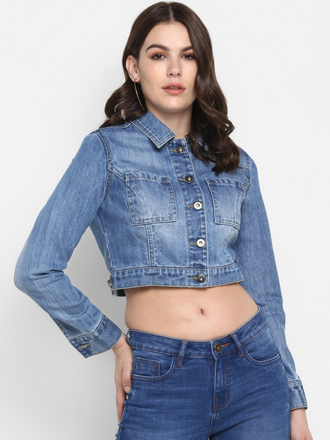

FOSH Women Blue Solid Denim Jacket