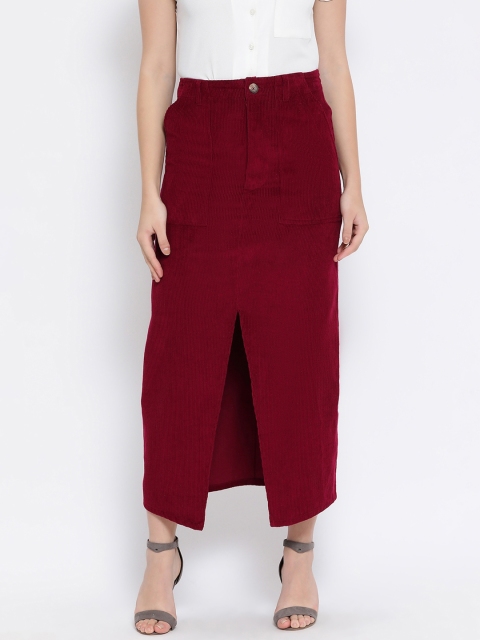 

Oxolloxo Women Maroon Solid Corduroy Maxi Skirt