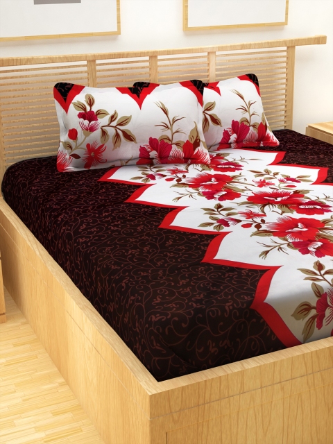 Story@home Brown & White Printed Double Queen Bedsheet With 2 Pillow Covers