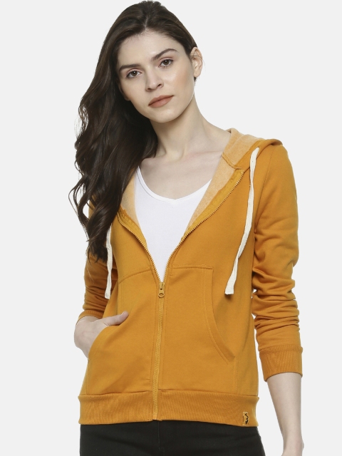 

Campus Sutra Women Mustard Yellow Solid Hooded Sweatshirt