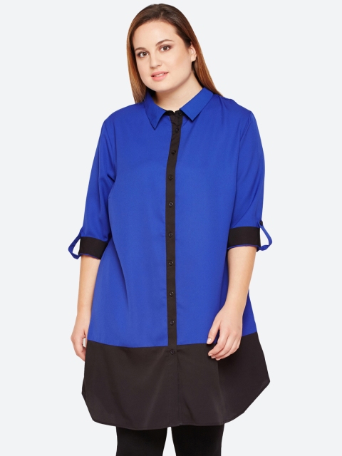 

Oxolloxo Women Blue & Black Colourblocked Regular Fit Longline Casual Shirt