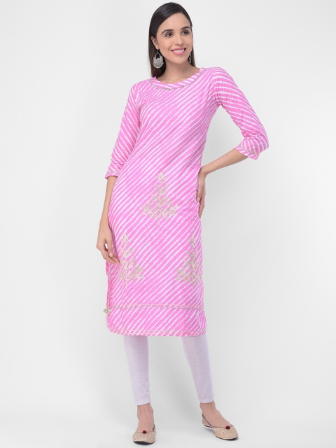 

aayusika Women Pink & White Striped Straight Kurta