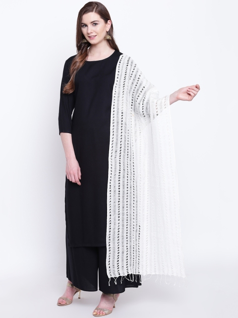 

Shakumbhari Women White Woven Design Linen Dupatta