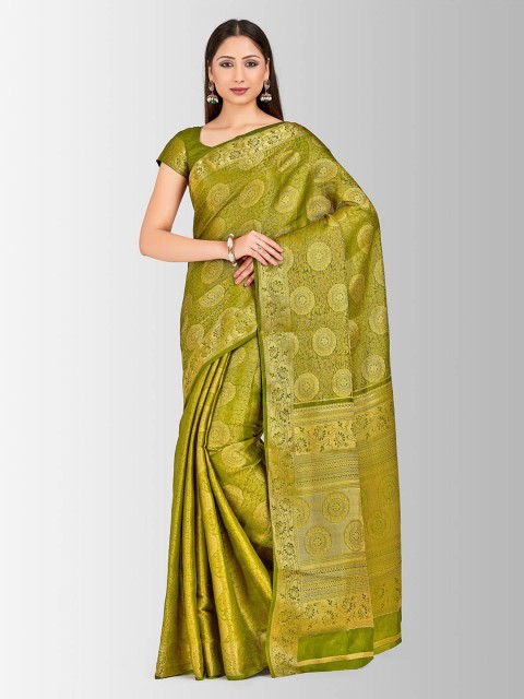 

MIMOSA Olive Green & Gold-Toned Art Silk Embellished Kanjeevaram Saree