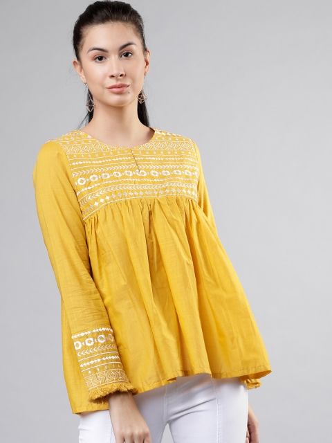

Vishudh Women Mustard Embroidered A-Line Top