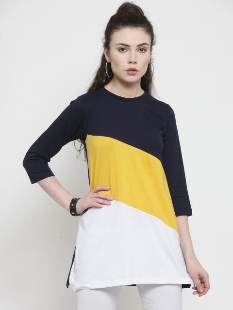 

Kalt Women White & Yellow Colourblocked Round Neck Longline T-shirt