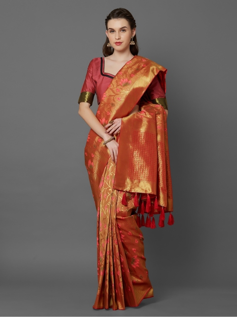 

Mitera Mustard Yellow & Gold-Toned Silk Blend Woven Design Kanjeevaram Saree