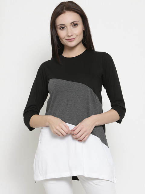 

Kalt Women White & Grey Colourblocked Round Neck Longline T-shirt