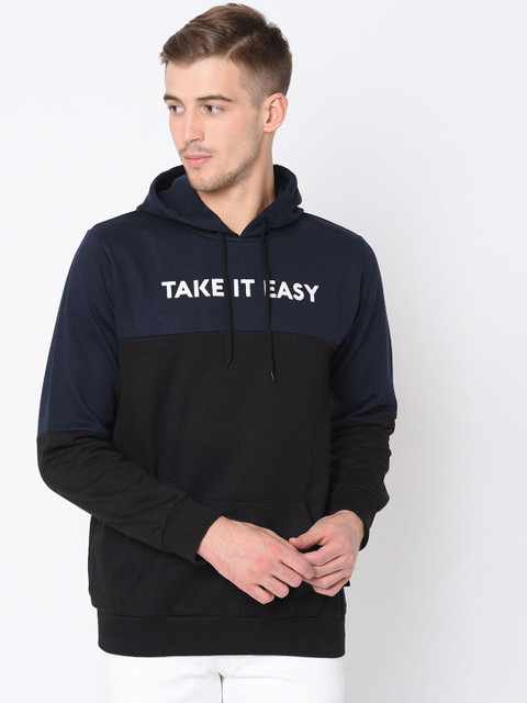 

Rigo Men Black & Blue Colourblocked Hooded Sweatshirt