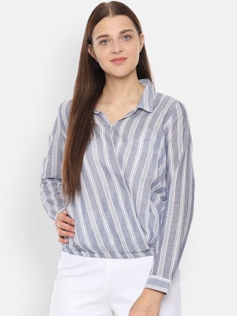 

Van Heusen Woman Grey & White Regular Fit Striped Casual Shirt, Blue