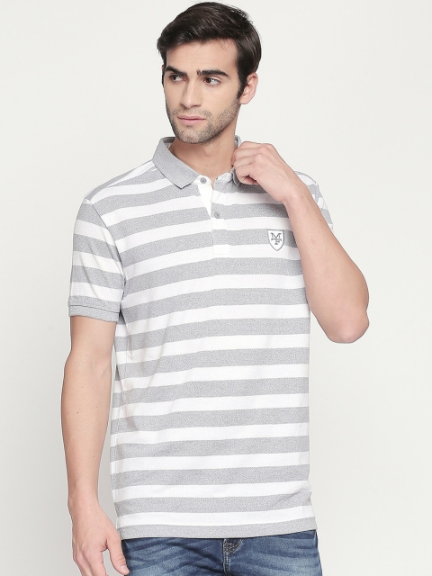 

Mufti Men White & Grey Striped Polo Collar T-shirt
