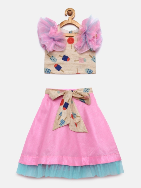 

Tutus By Tutu Girls Pink & Beige Printed Top with Skirt