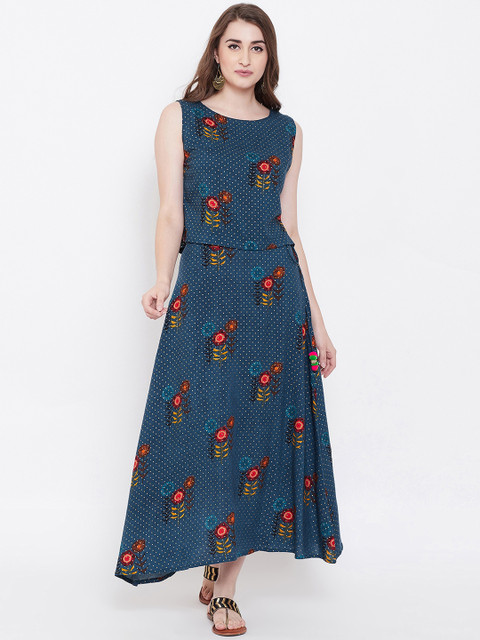 

Bitterlime Women Blue & Red Printed Top with Skirt