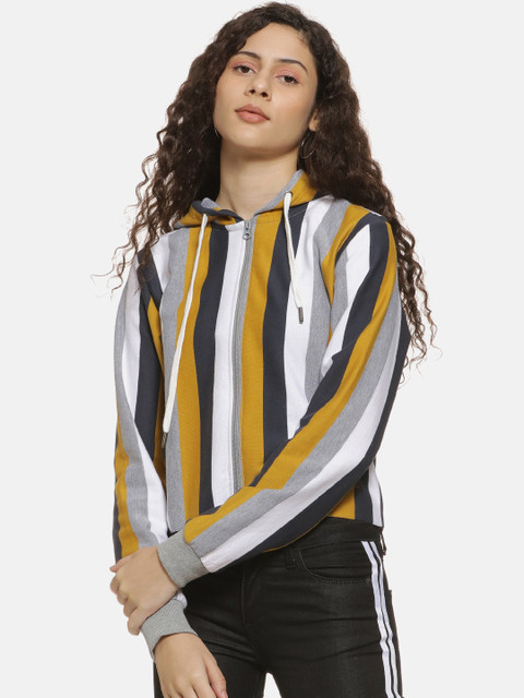

Campus Sutra Women Mustard Yellow & Grey Printed Hooded Sweatshirt