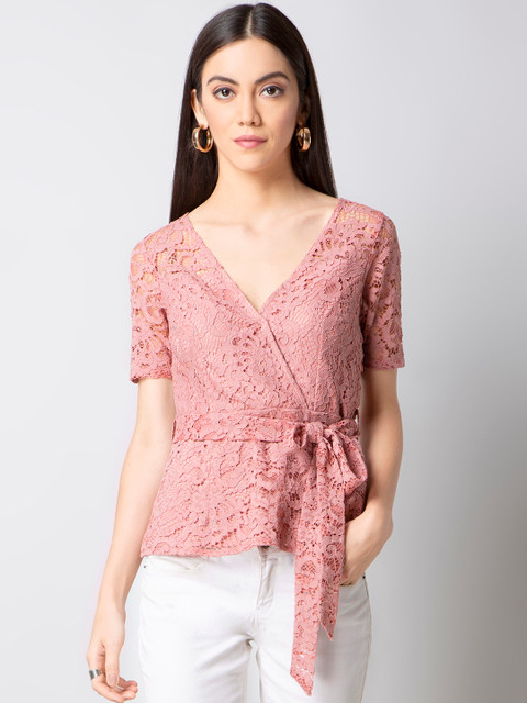 

FabAlley Women Pink Self Design Wrap Top