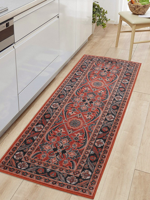 

RUGSMITH Maroon & Black Patterned Anti-Skid Rectangle Floor Runner
