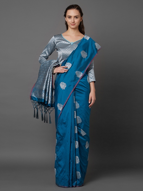 

Mitera Turquoise Blue & Silver-Toned Silk Blend Woven Design Kanjeevaram Saree