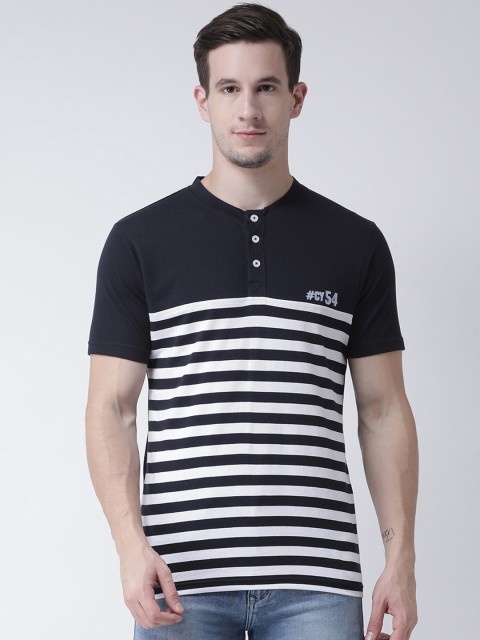 

Club York Men Navy Blue Striped Henley Neck T-shirt