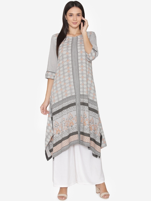 

Laabha Women Grey & Yellow Printed Asymmetric Hemline A-Line Kurta