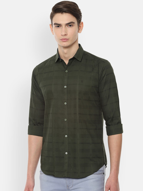 

V Dot Men Olive Green Slim Fit Checked Casual Shirt