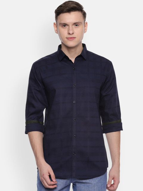

V Dot Men Navy Blue Slim Fit Checked Casual Shirt
