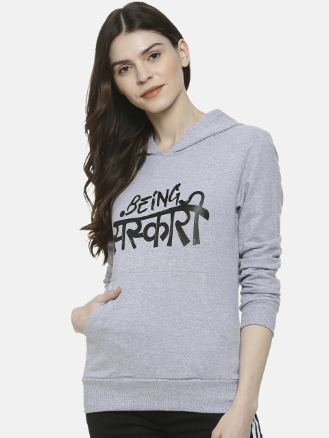 

Campus Sutra Women Grey & Black Printed Hooded Sweatshirt