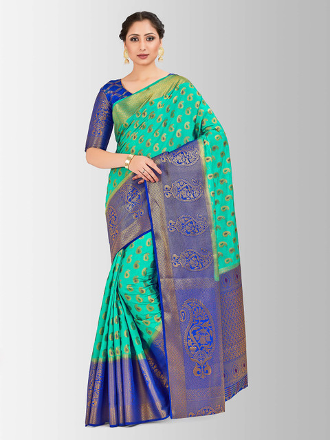 

MIMOSA Sea Green & Gold-Toned Art Silk Embellished Kanjeevaram Saree