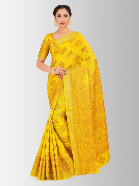 

MIMOSA Yellow & Gold-Toned Art Silk Embellished Kanjeevaram Saree