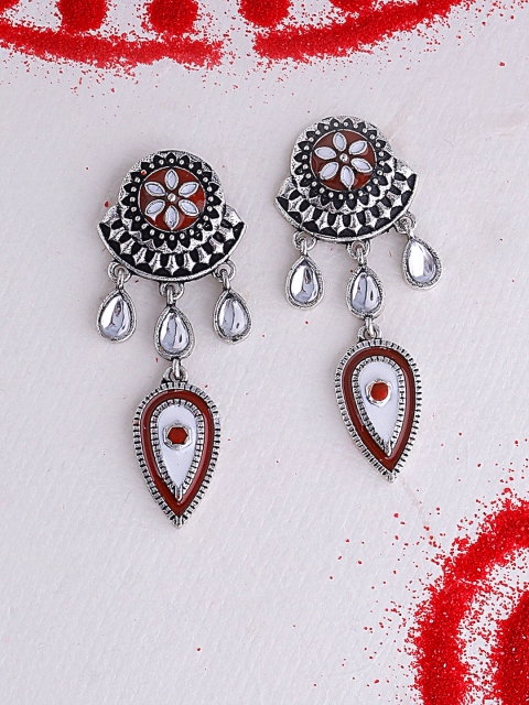 

Studio Voylla Silver-Toned & Red Oxidised Silver Plated Geometric Drop Earrings