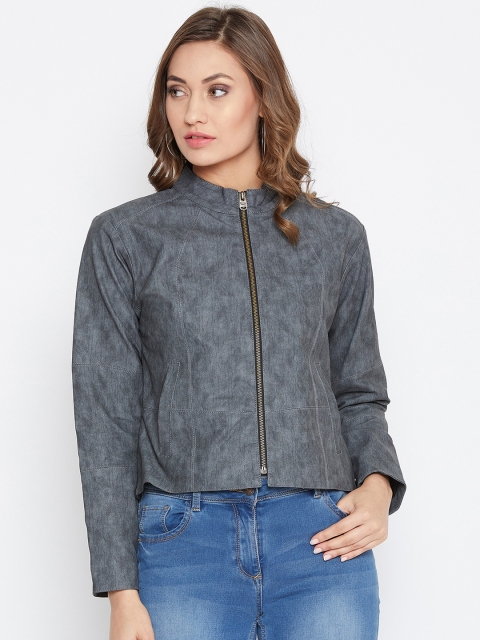 

JUMP USA Women Grey Solid Leather Biker Jacket