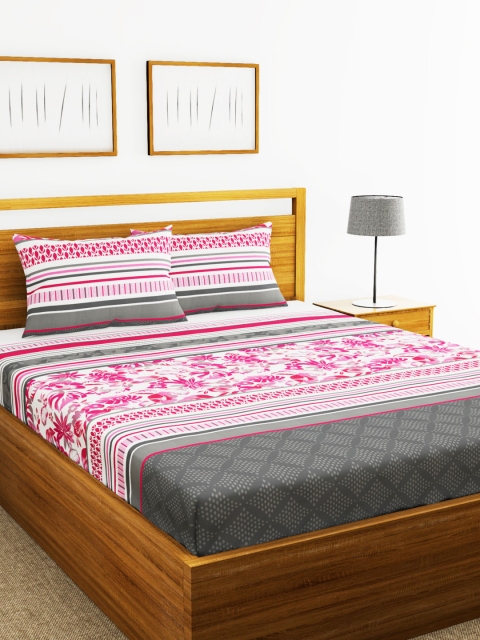 

BIANCA Pink & Grey Floral 180 TC Cotton 1 King Bedsheet with 2 Pillow Covers