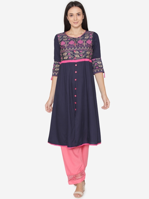 

Laabha Women Navy Blue & Purple Printed A-Line Kurta