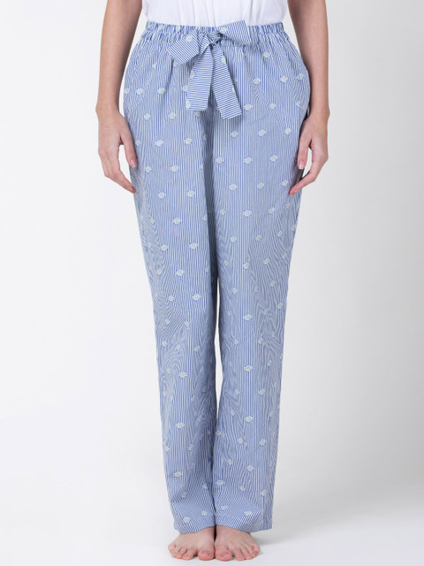 

ADORENITE Women White & Blue Striped Lounge Pants with Bow Detail