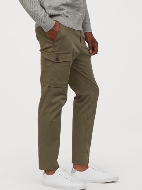 

H&M Men Olive Green Solid Cargo Trousers Slim Fit