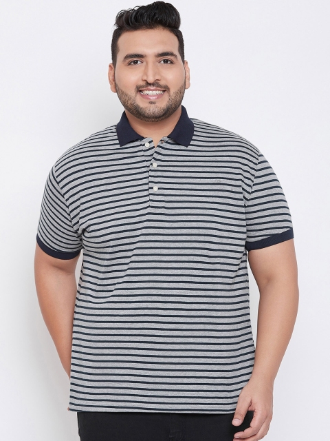 

bigbanana Plus Size Men Grey Striped Polo Collar Bio Finish T-shirt