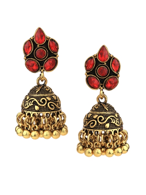 

Rubans Gold-Toned & Red Dome Shaped Oxidised Jhumkas
