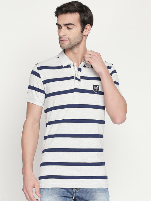 

Mufti Men Grey & Navy Blue Striped Polo Collar T-shirt