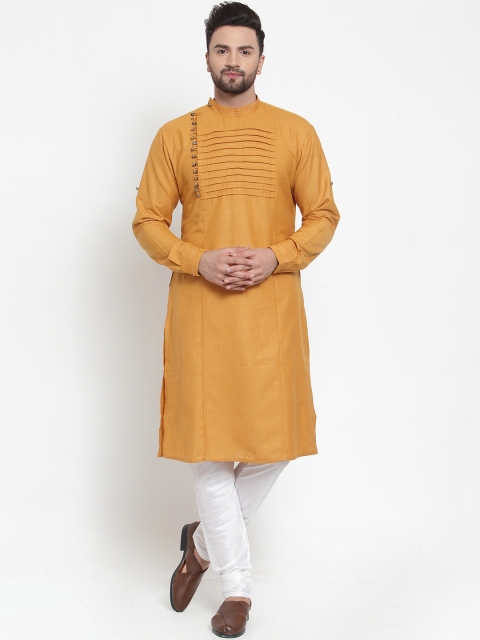 

TREEMODA Men Mustard Yellow & White Yoke Design Linen Kurta with Linen Churidar