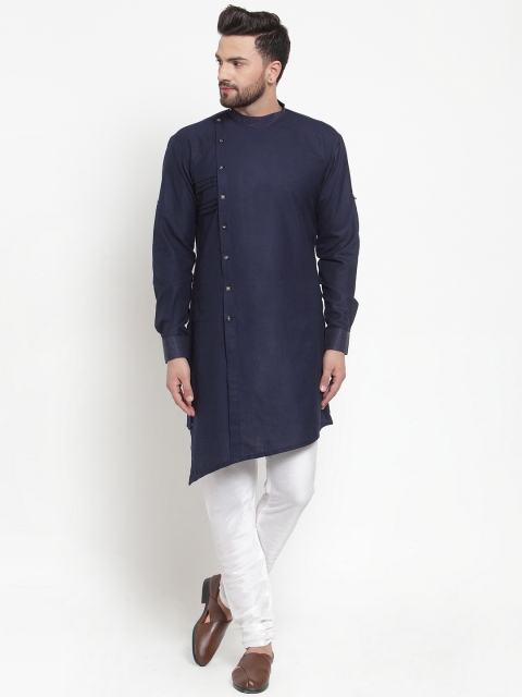 

TREEMODA Men Navy Blue & White Solid Linen Kurta with Linen Churidar