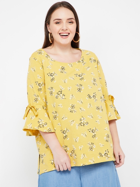 

nexus Plus Size Women Mustard Yellow Printed A-Line Top