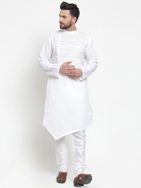

TREEMODA Men White Yoke Design Linen Kurta with Linen Churidar