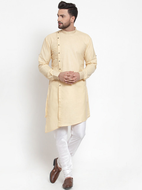 

TREEMODA Men Beige & White Solid Linen Kurta with Linen Churidar